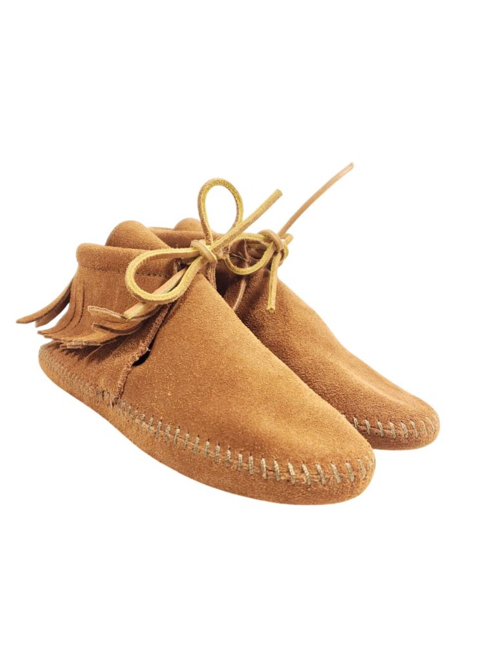 Minnetonka Womens Size 5 Brown Suede Moccasin Boots With Fringe & Tie Closures